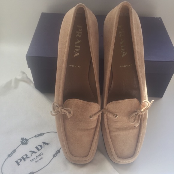 PRADA Camel Suede Loafers/Driving Shoes with Bow - Picture 1 of 8